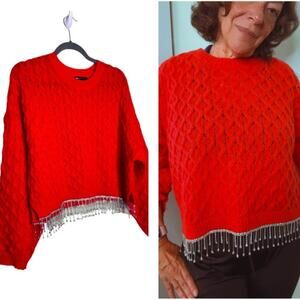 ASOS Design Red cable sweater with embellished hem in dark Red Size 12